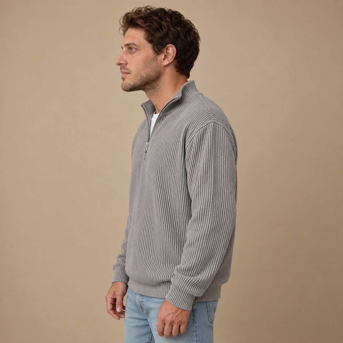 Strikket herresweater med halv lynlås