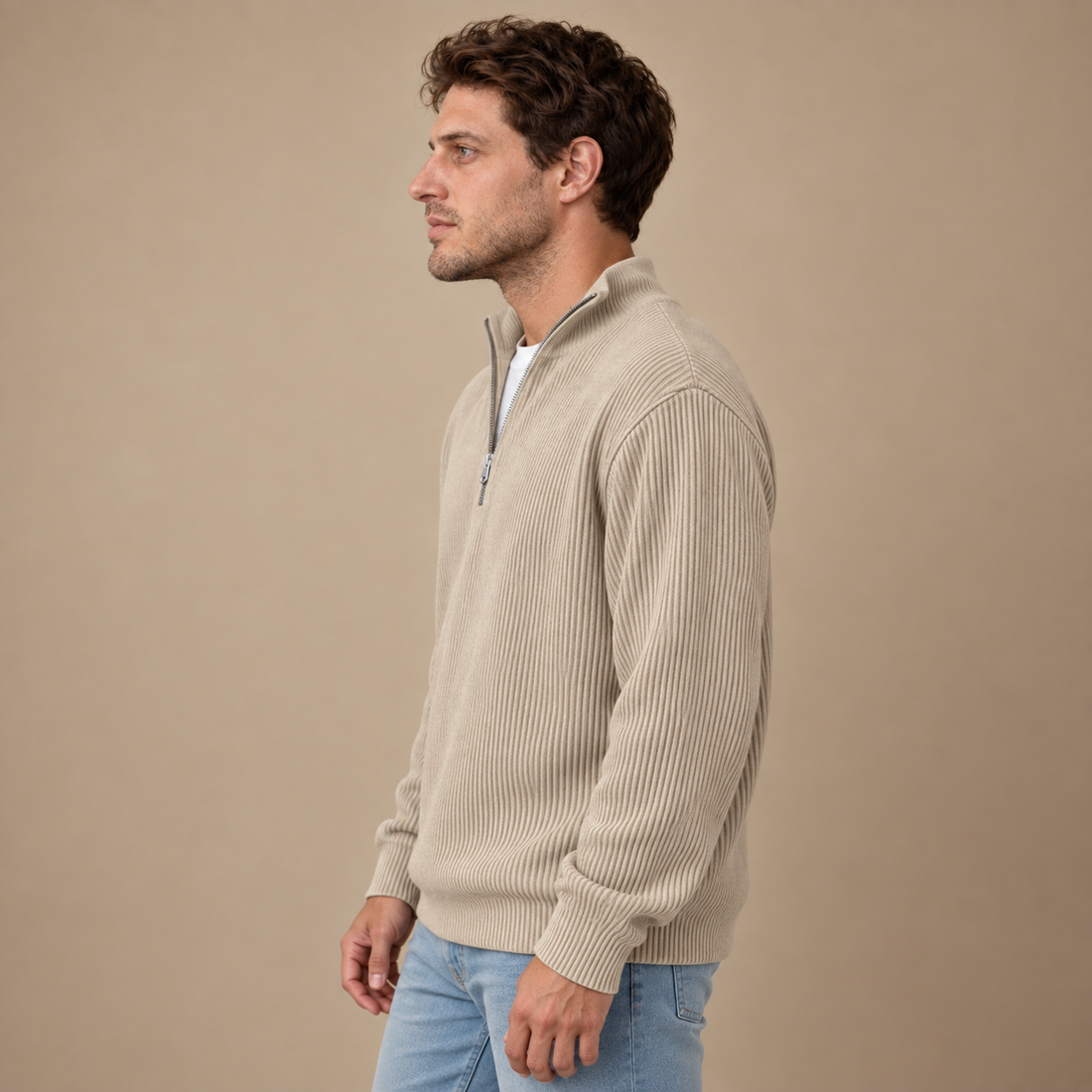 Strikket herresweater med halv lynlås