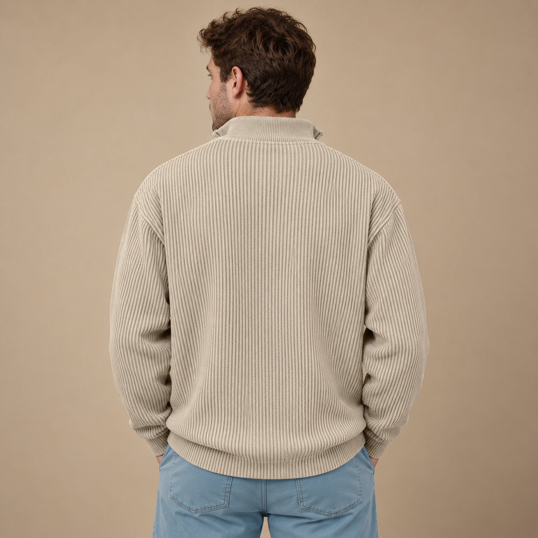 Strikket herresweater med halv lynlås