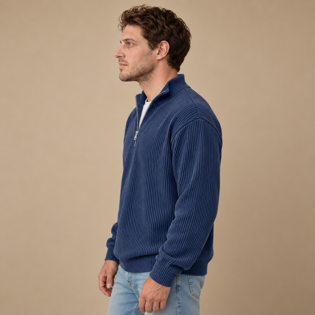 Strikket herresweater med halv lynlås