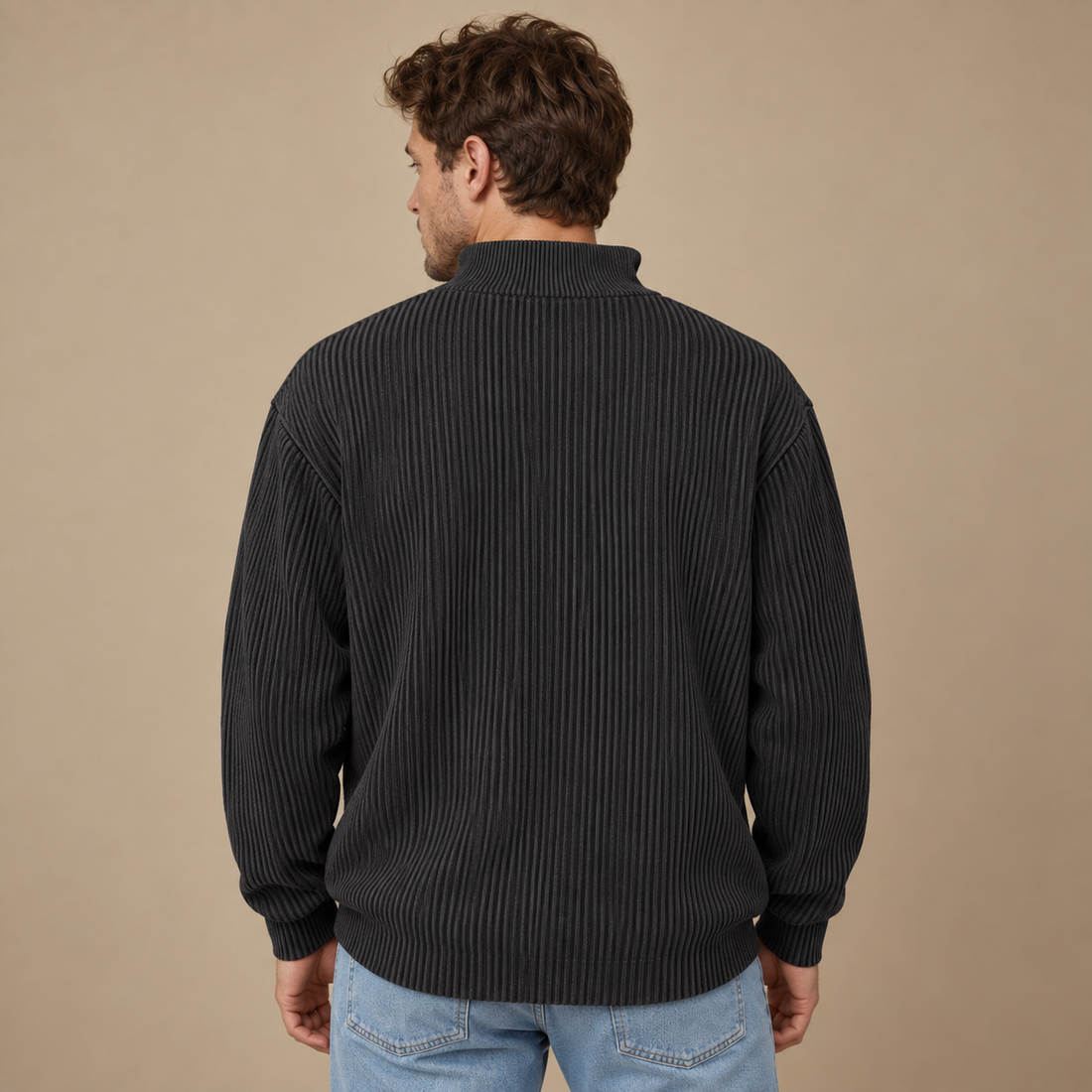Strikket herresweater med halv lynlås