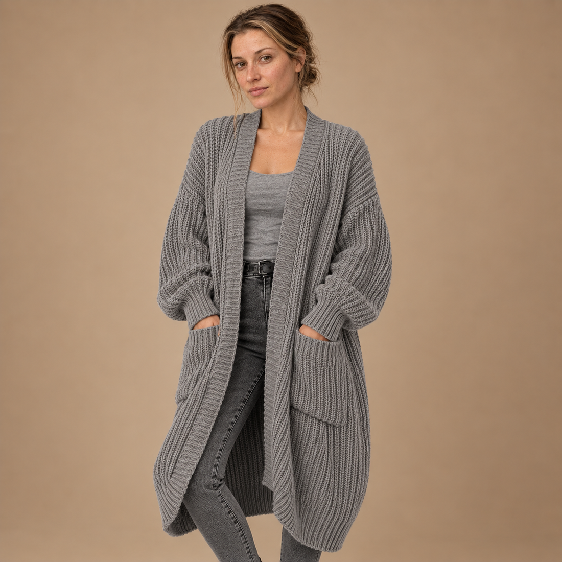 Lang oversized strikcardigan til dame