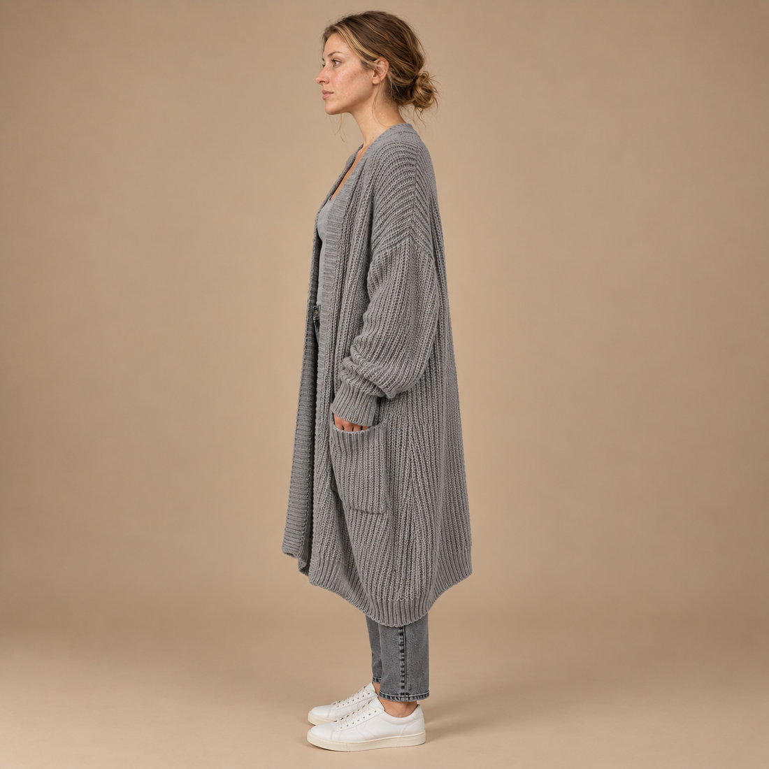 Lang oversized strikcardigan til dame