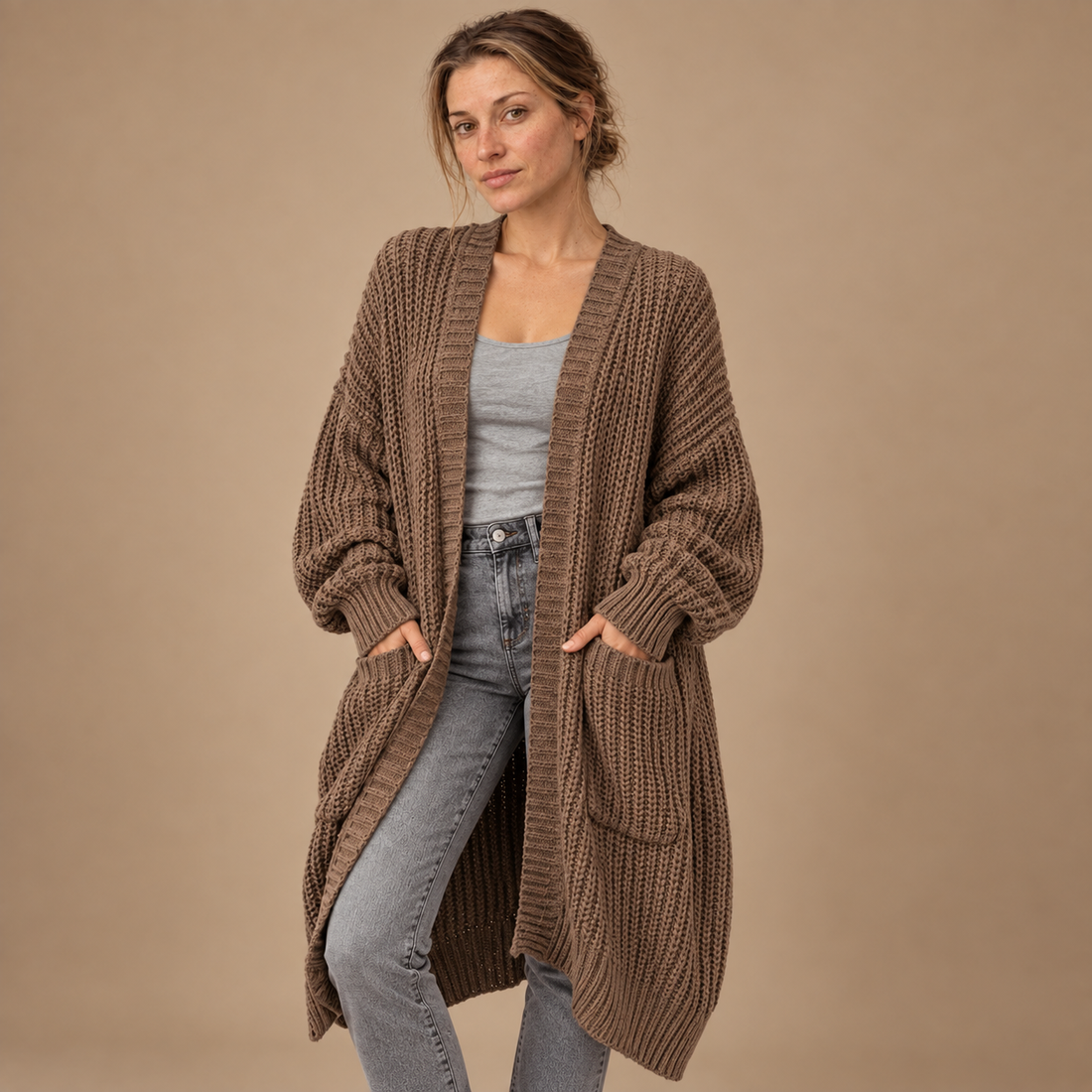 Lang oversized strikcardigan til dame