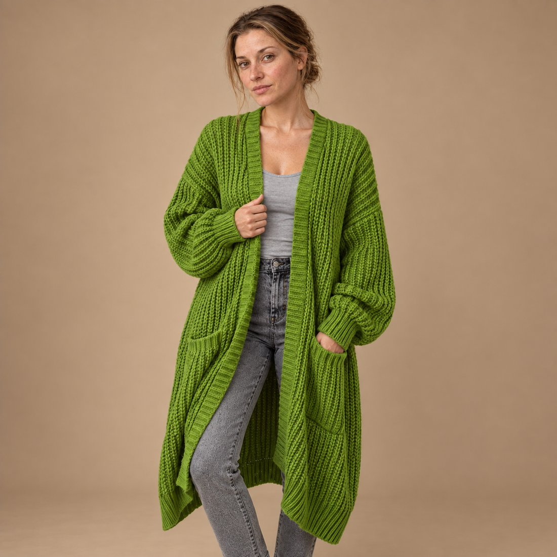 Lang oversized strikcardigan til dame