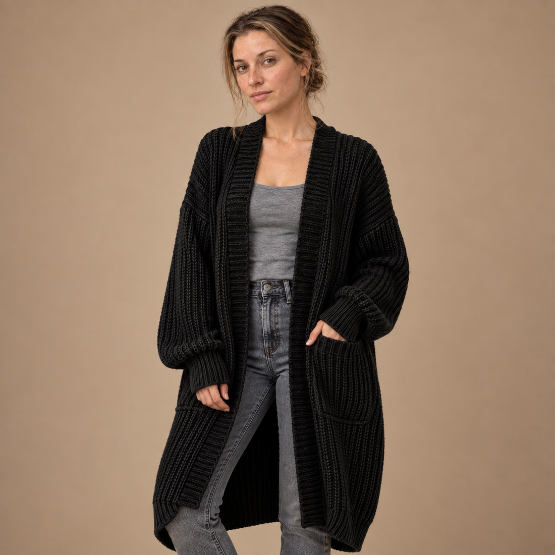 Lang oversized strikcardigan til dame