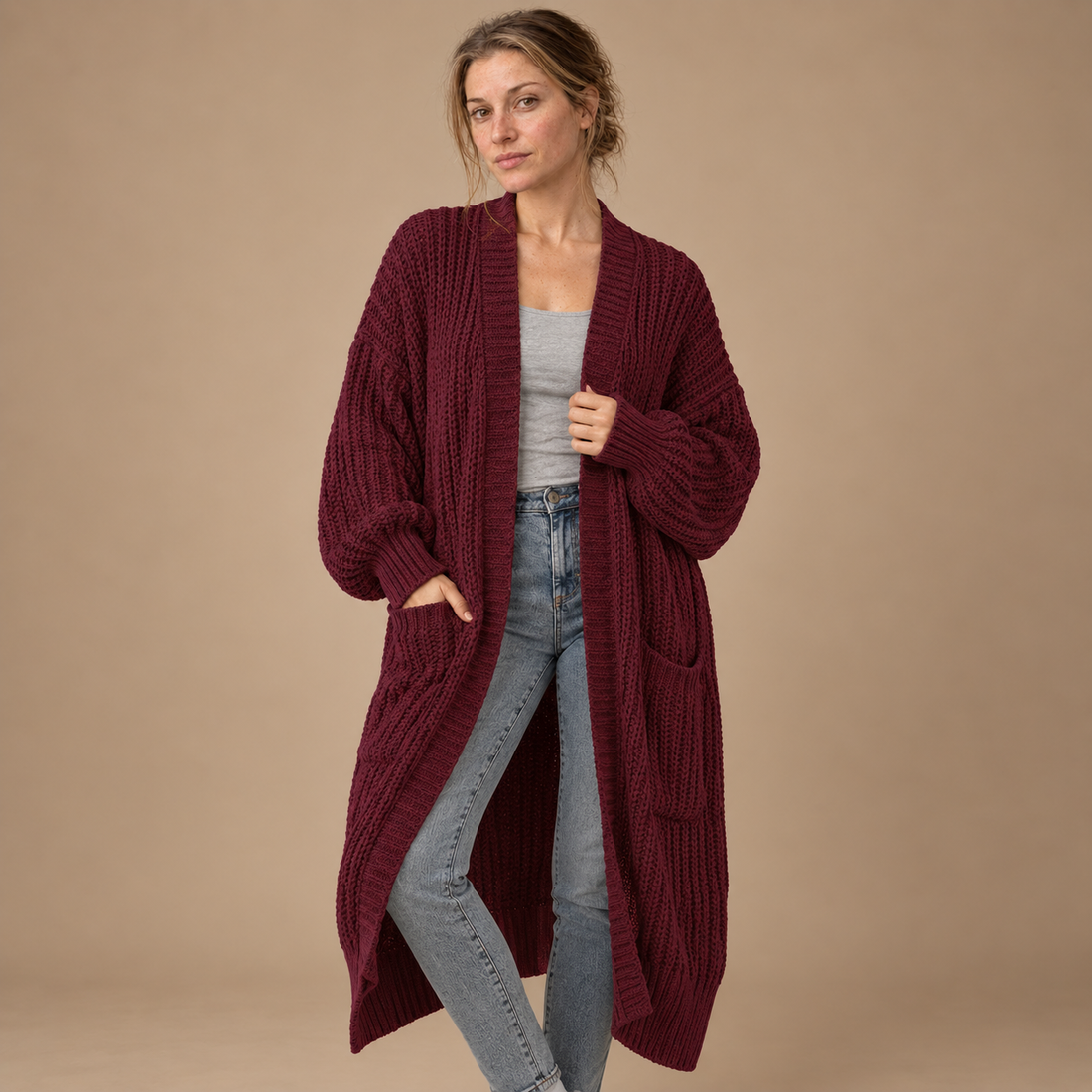 Lang oversized strikcardigan til dame