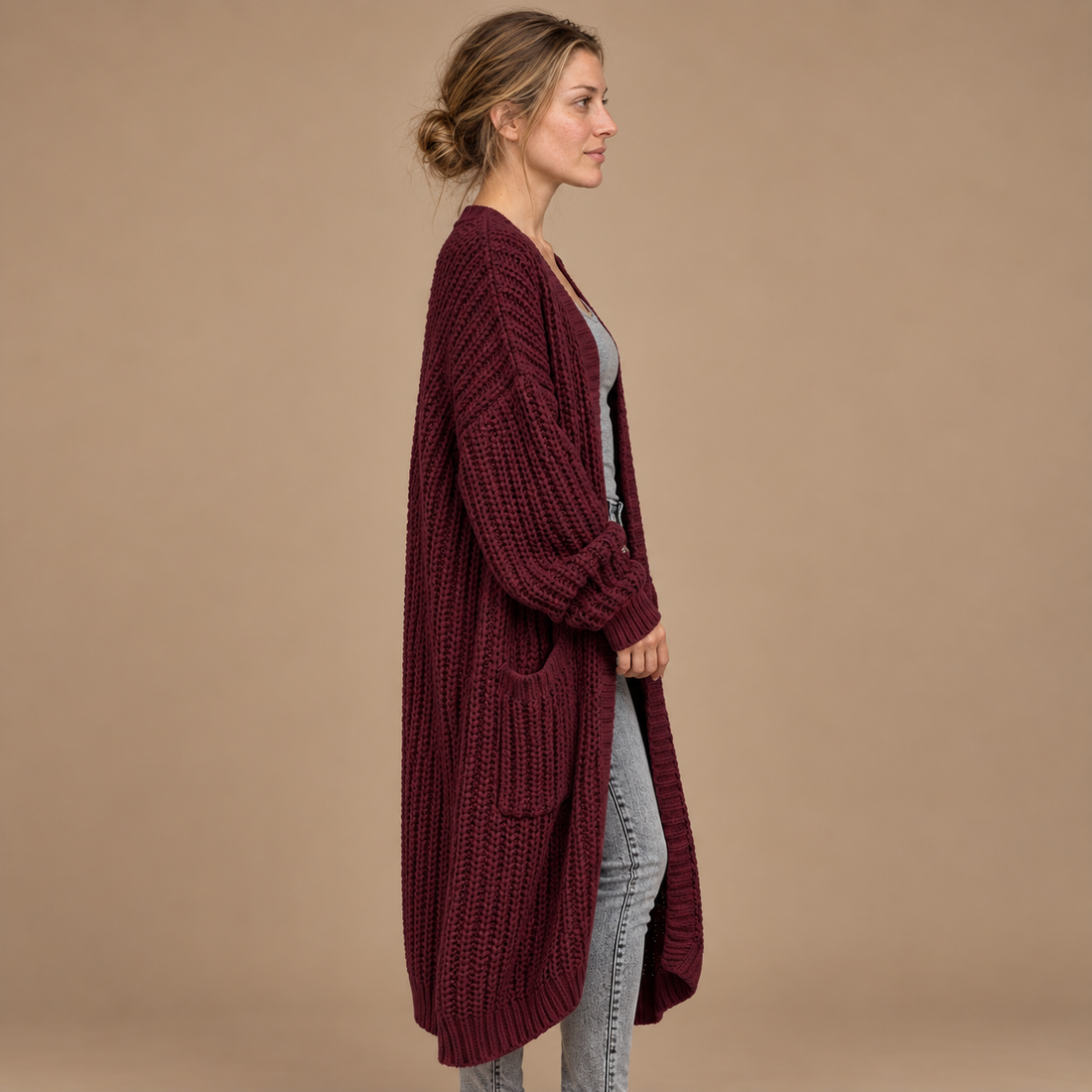 Lang oversized strikcardigan til dame