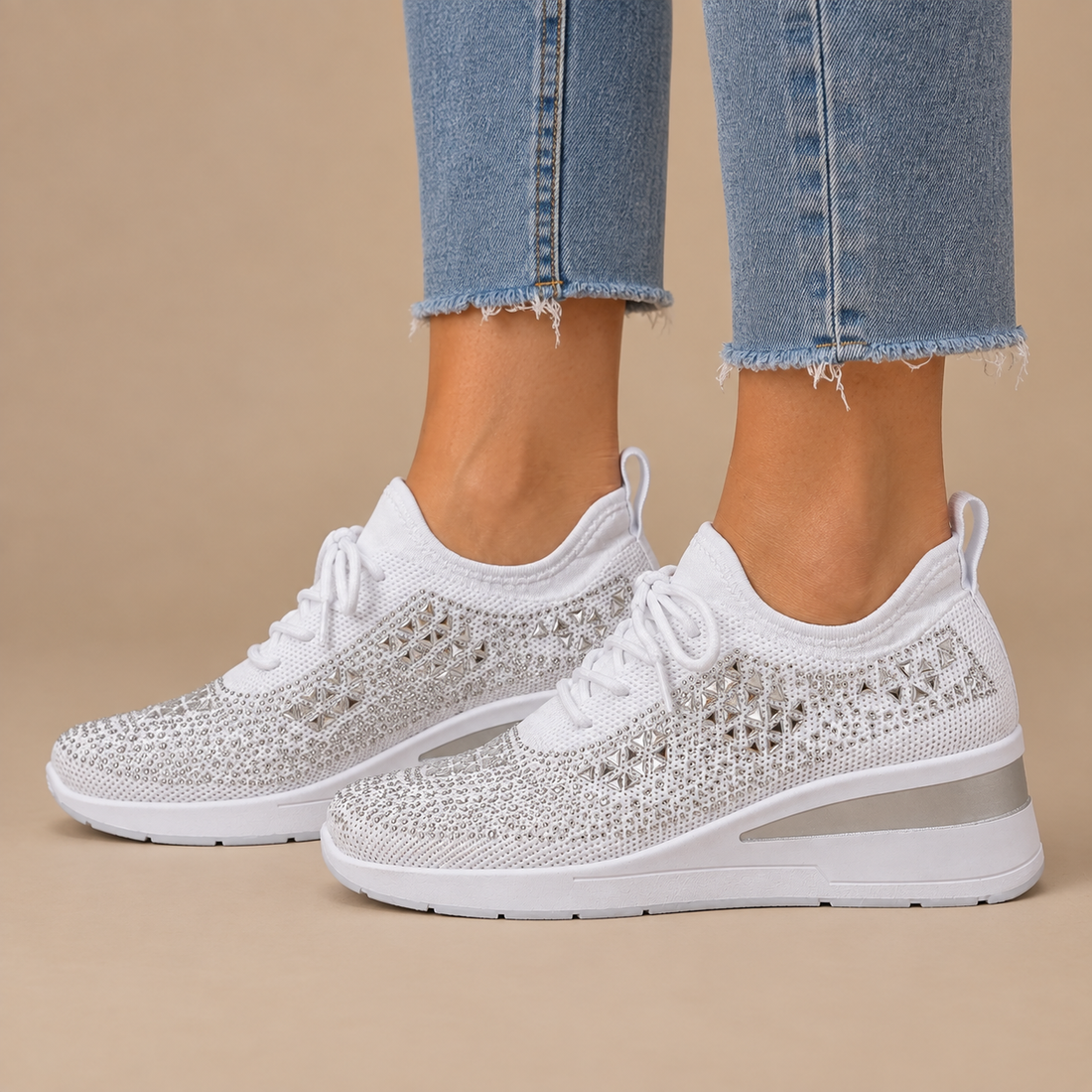 Ortopædiske sneakers til dame med kilehæl og glimmer