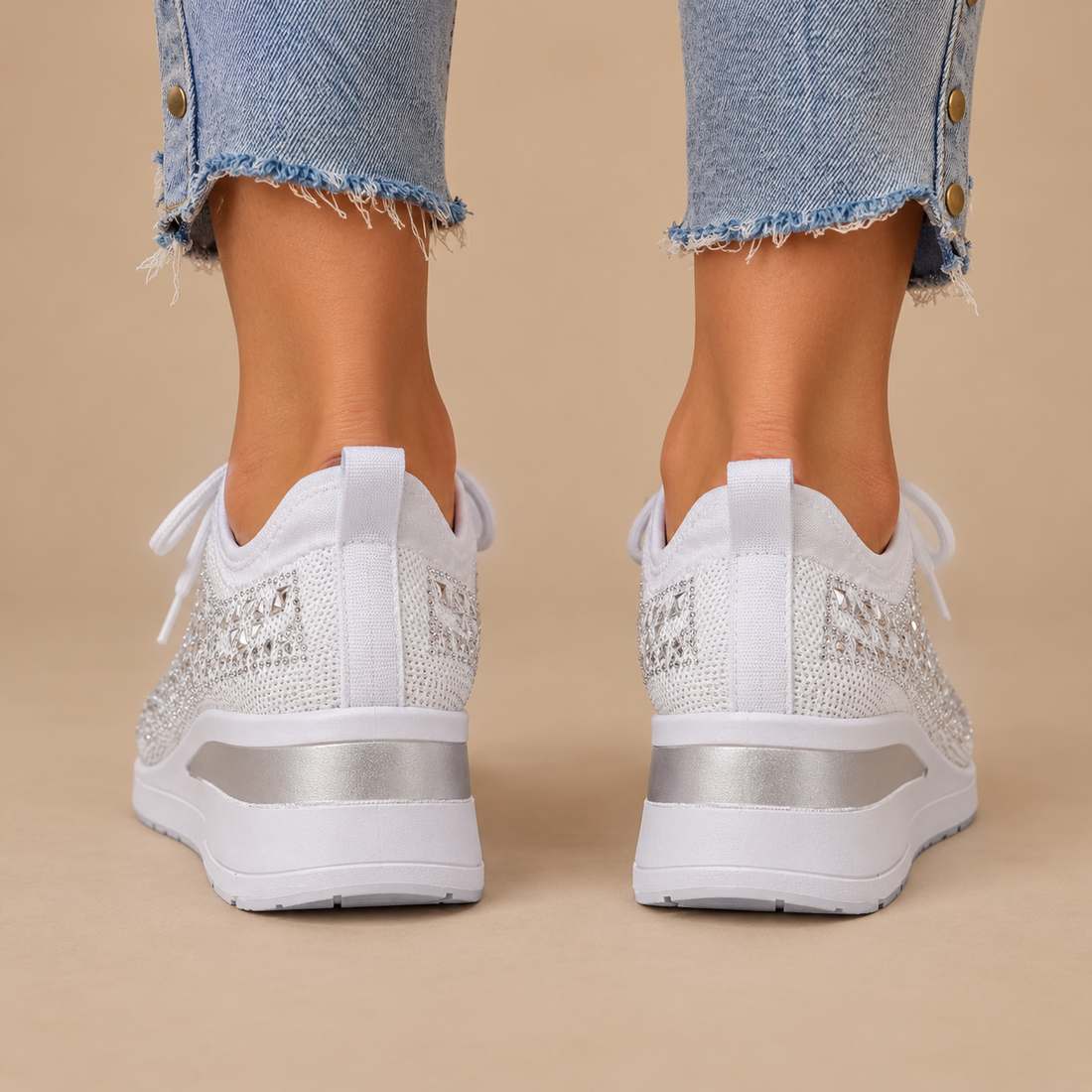 Ortopædiske sneakers til dame med kilehæl og glimmer