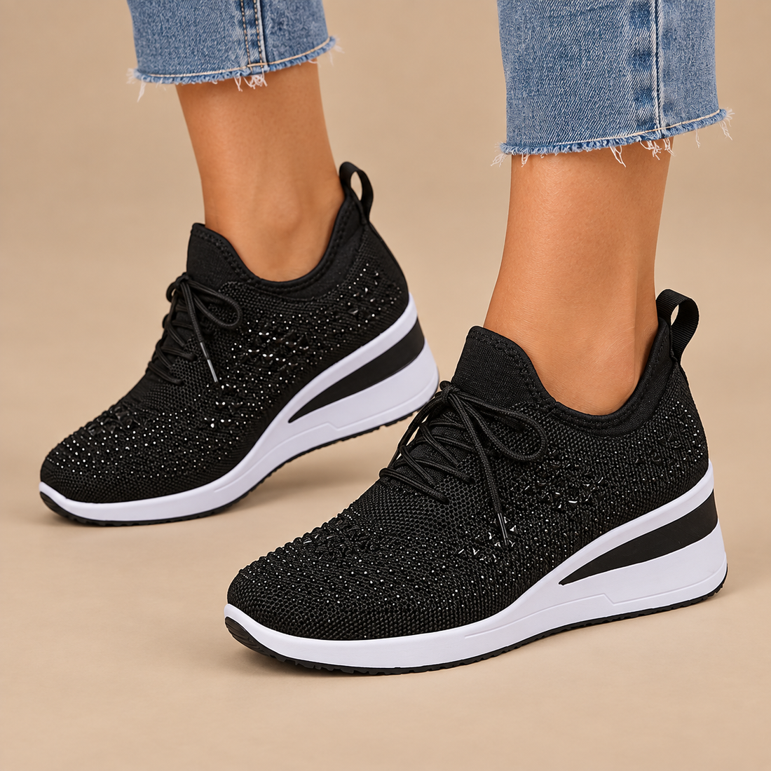 Ortopædiske sneakers til dame med kilehæl og glimmer