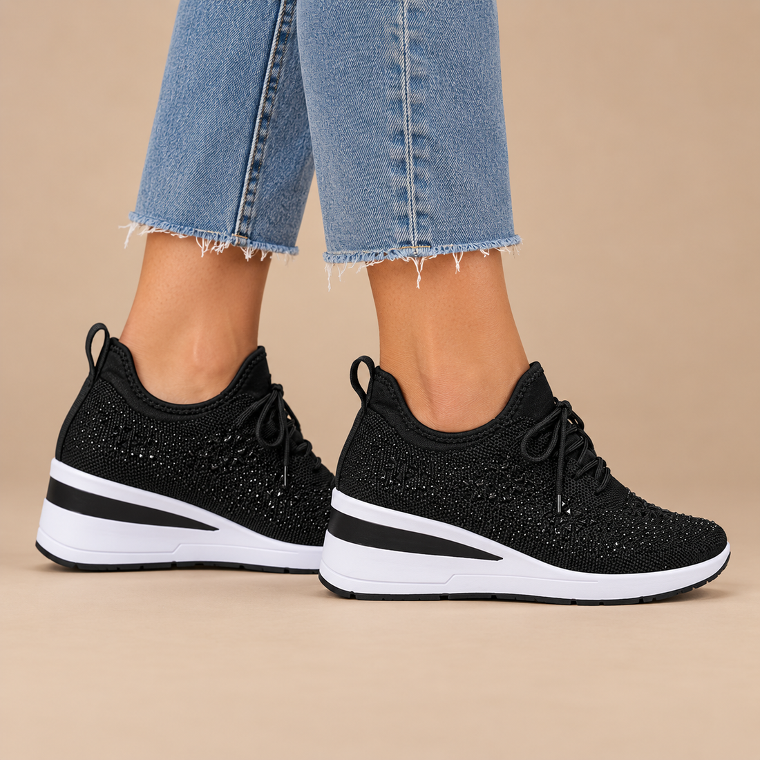 Ortopædiske sneakers til dame med kilehæl og glimmer