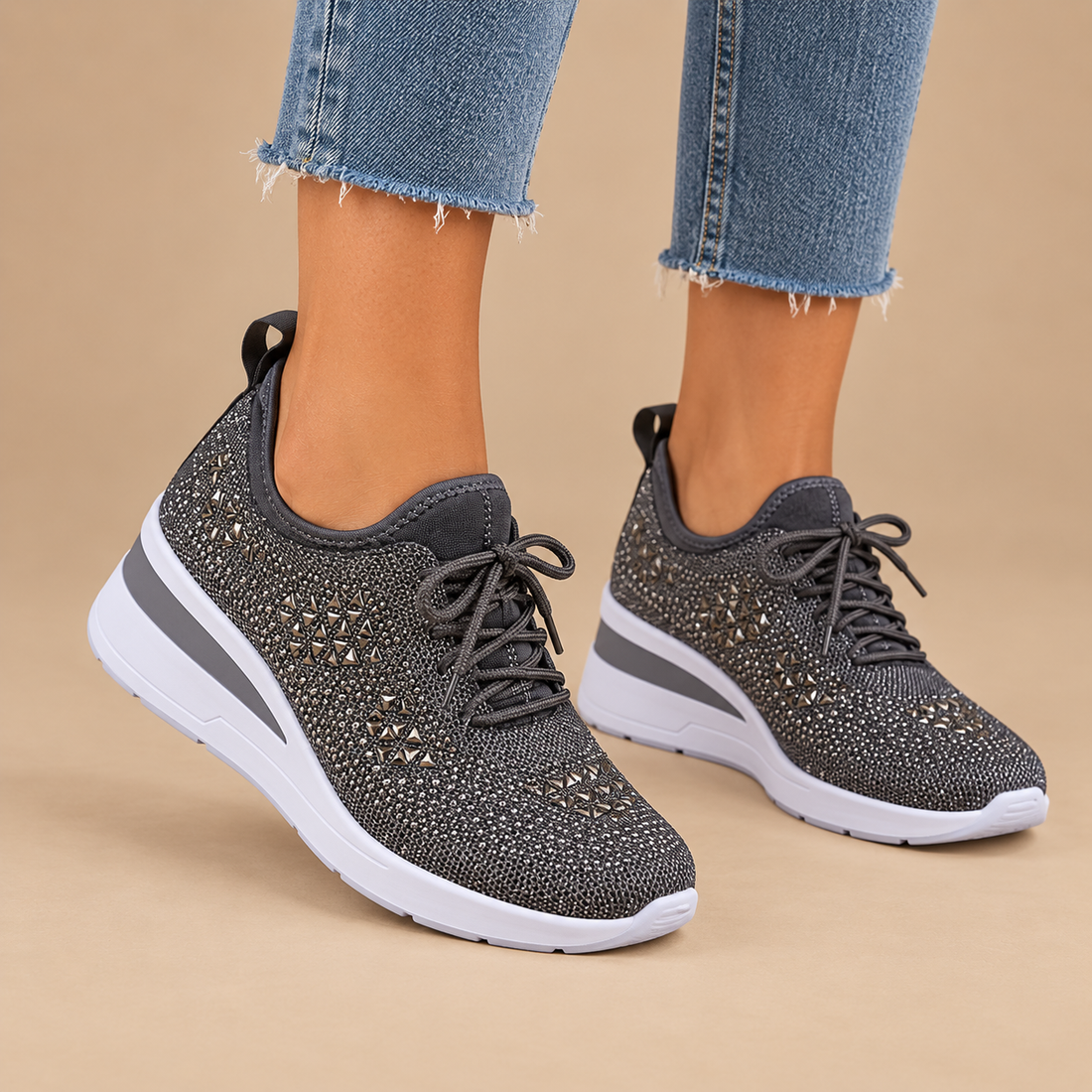 Ortopædiske sneakers til dame med kilehæl og glimmer