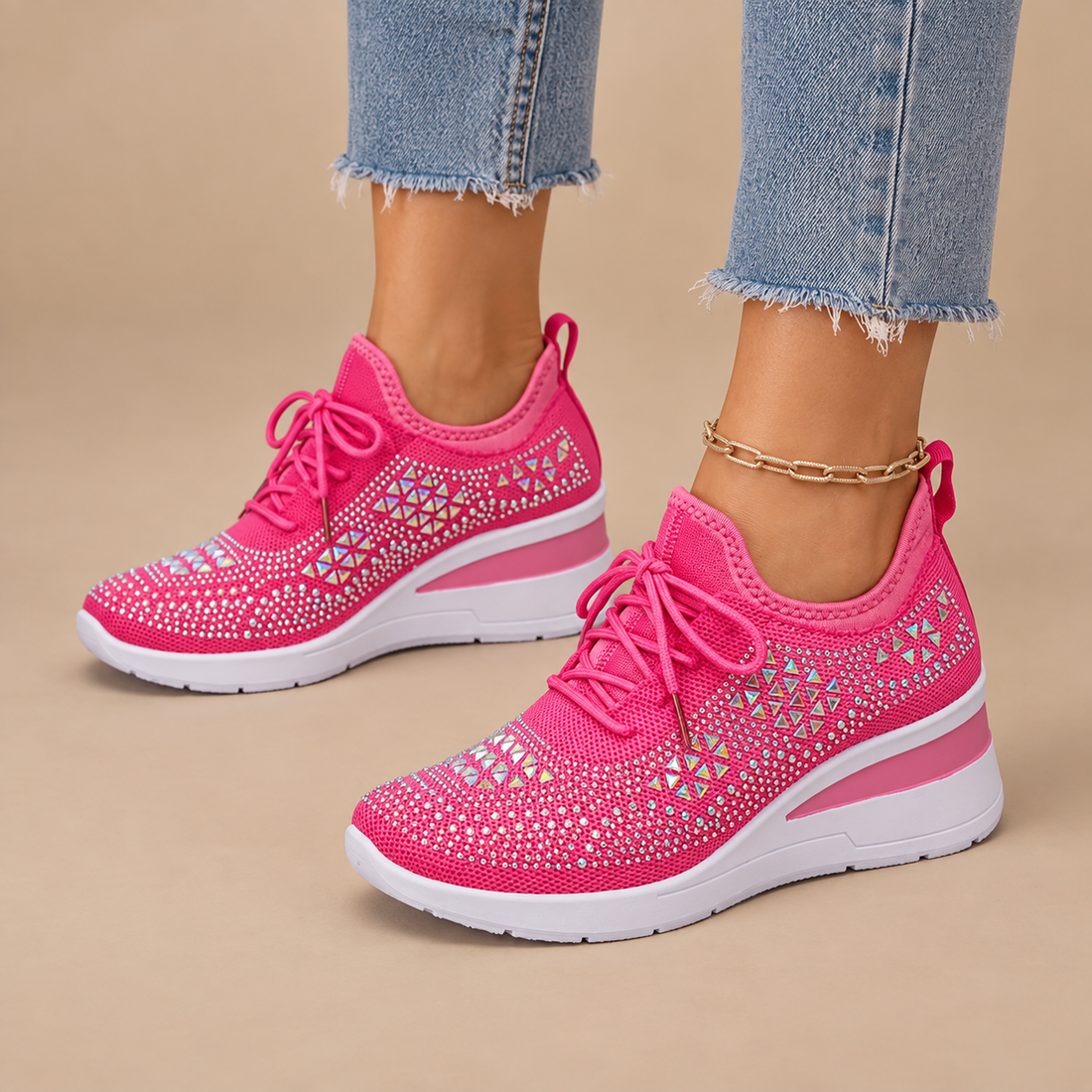 Ortopædiske sneakers til dame med kilehæl og glimmer