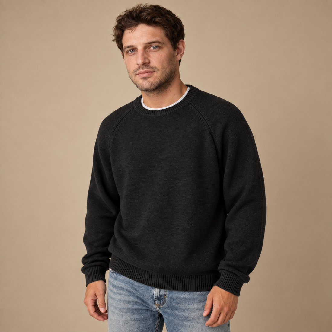 Herresweater med rund hals og løs pasform