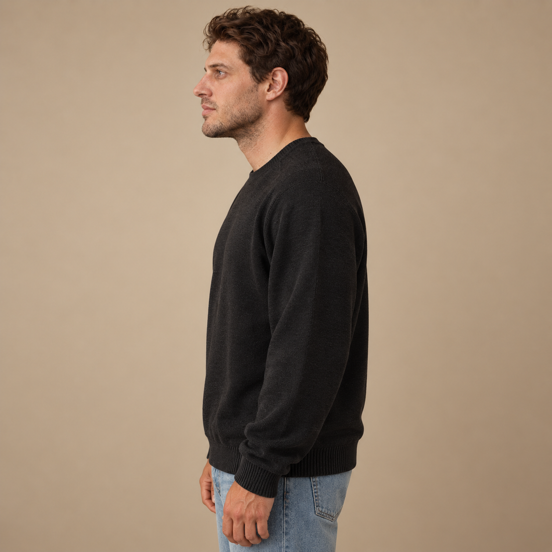 Herresweater med rund hals og løs pasform