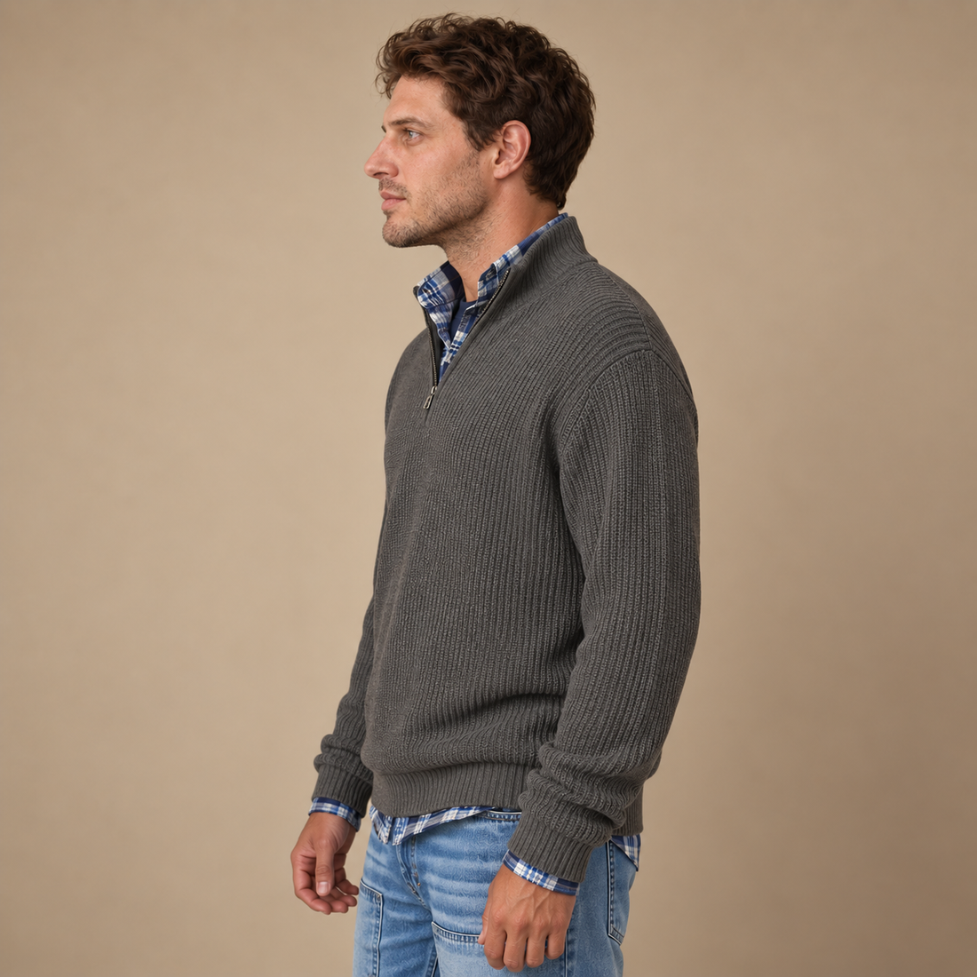 Herresweater med halv lynlås i åndbart materiale
