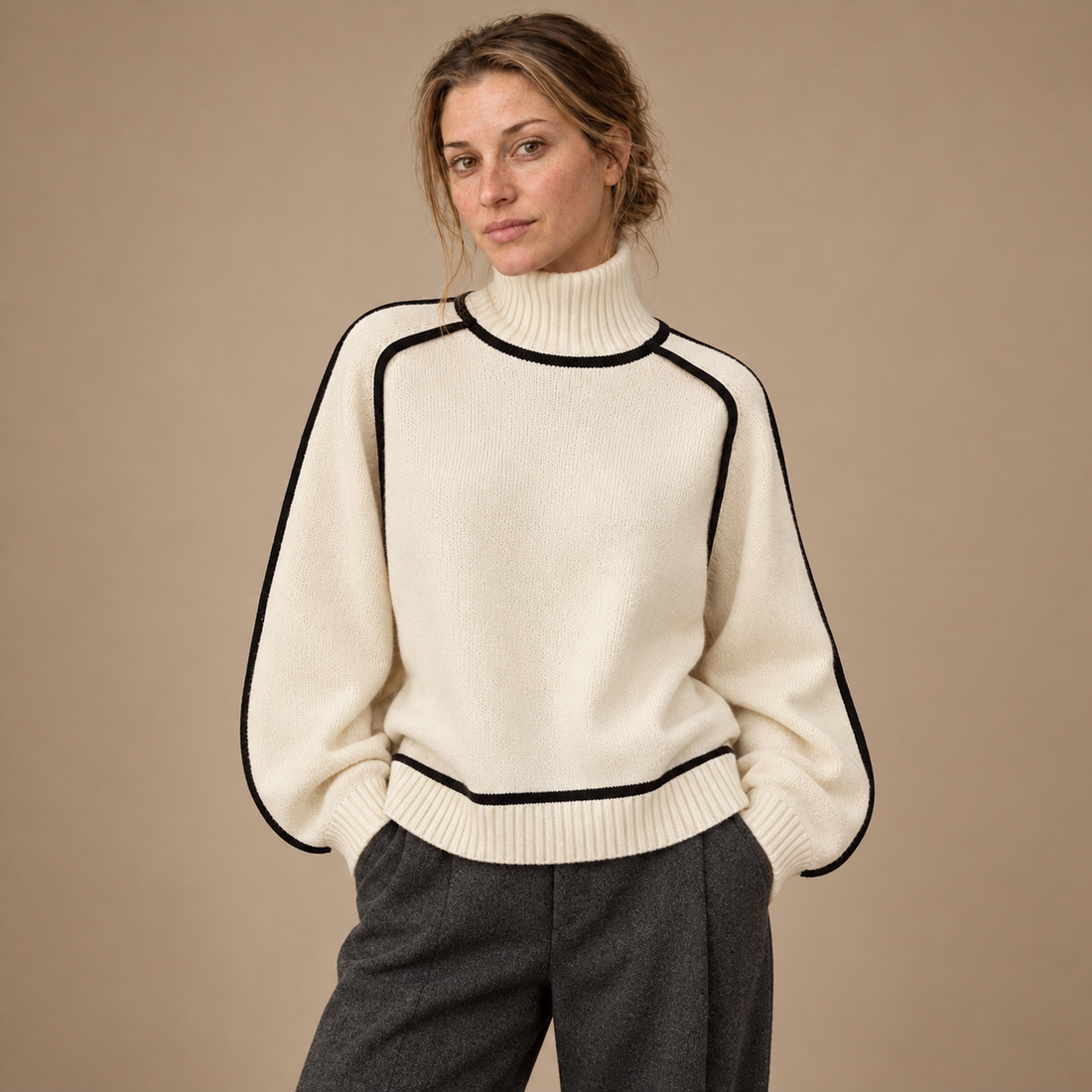 Rullekravesweater til dame med figurnær pasform