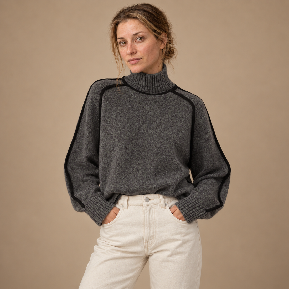 Rullekravesweater til dame med figurnær pasform