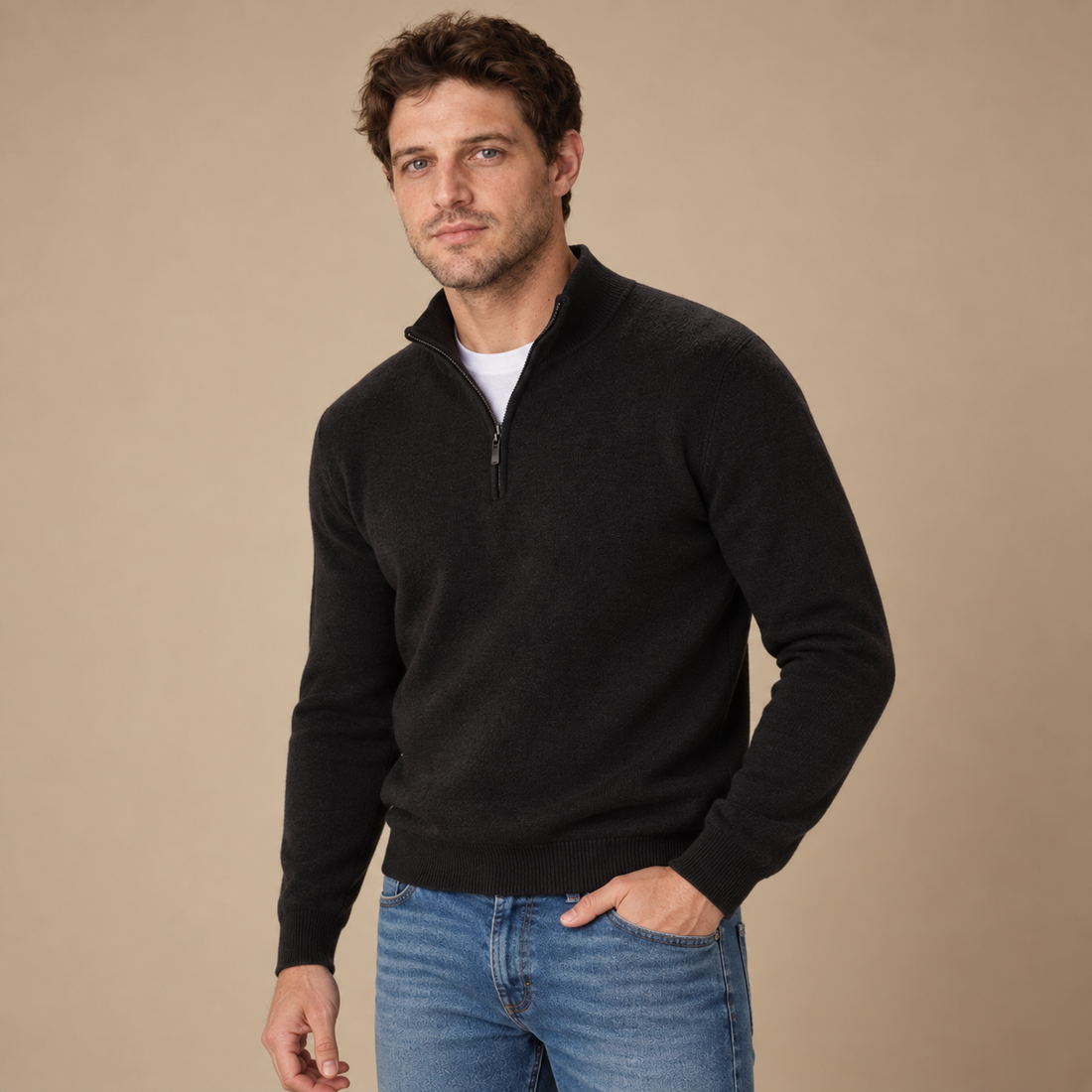 Krøllefri herresweater med halv lynlås