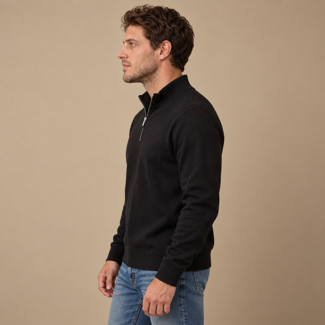 Herresweater med kvart lynlås i slim fit