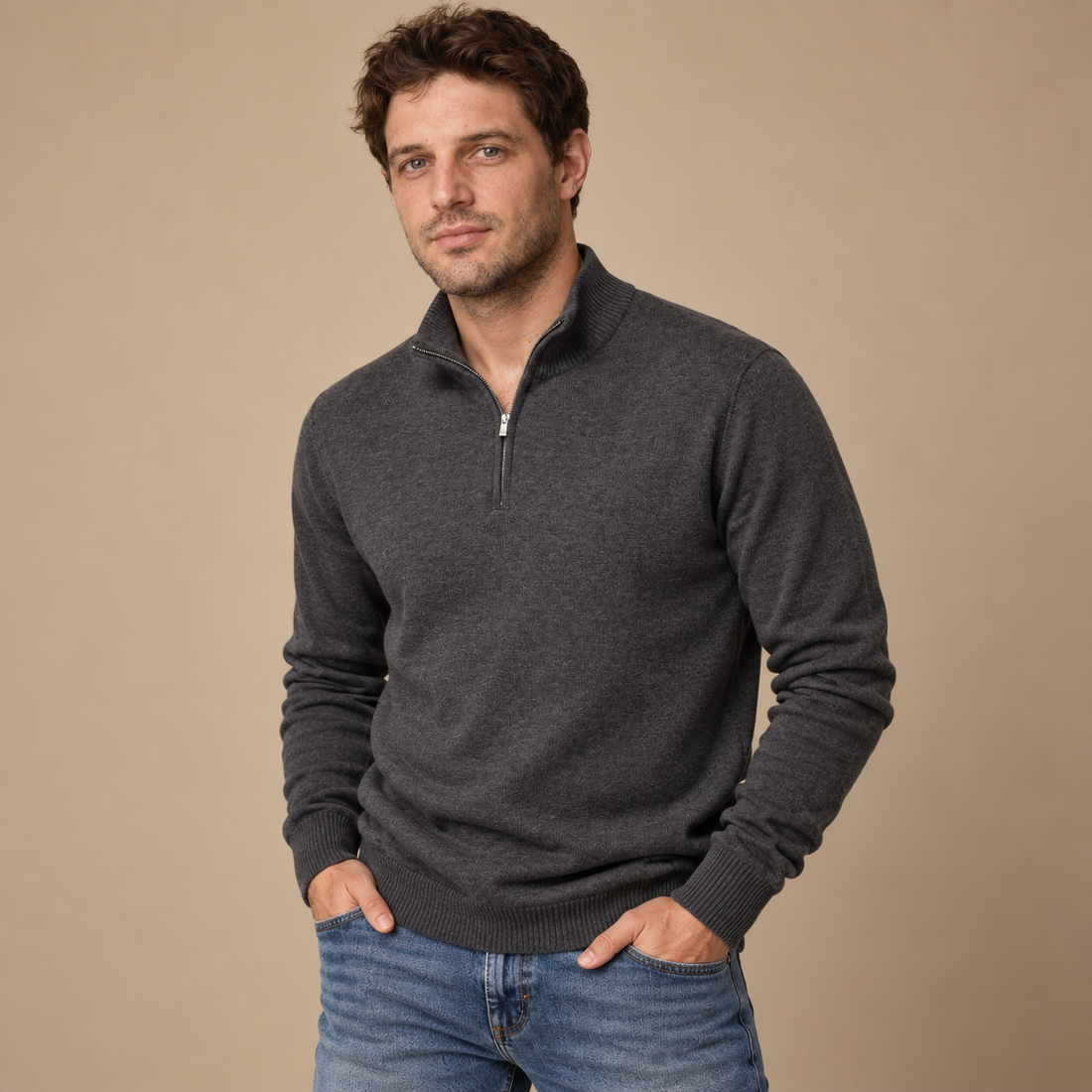 Herresweater med kvart lynlås i slim fit