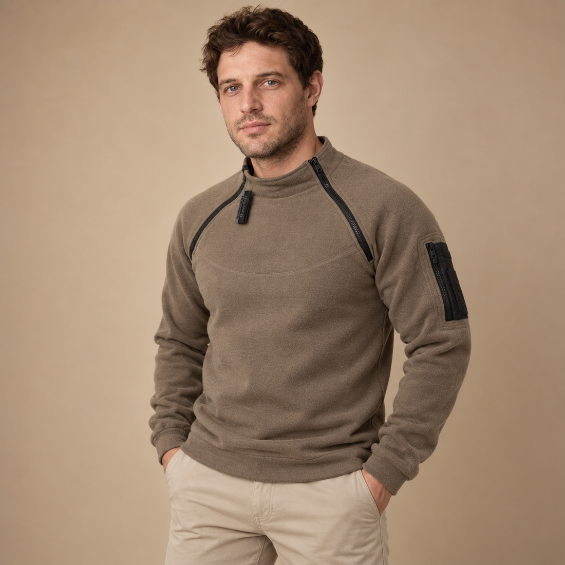 Vindtæt herresweater med lynlåslommer