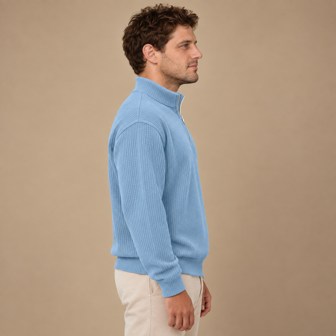 Herresweater med lynlåskrave og slank pasform