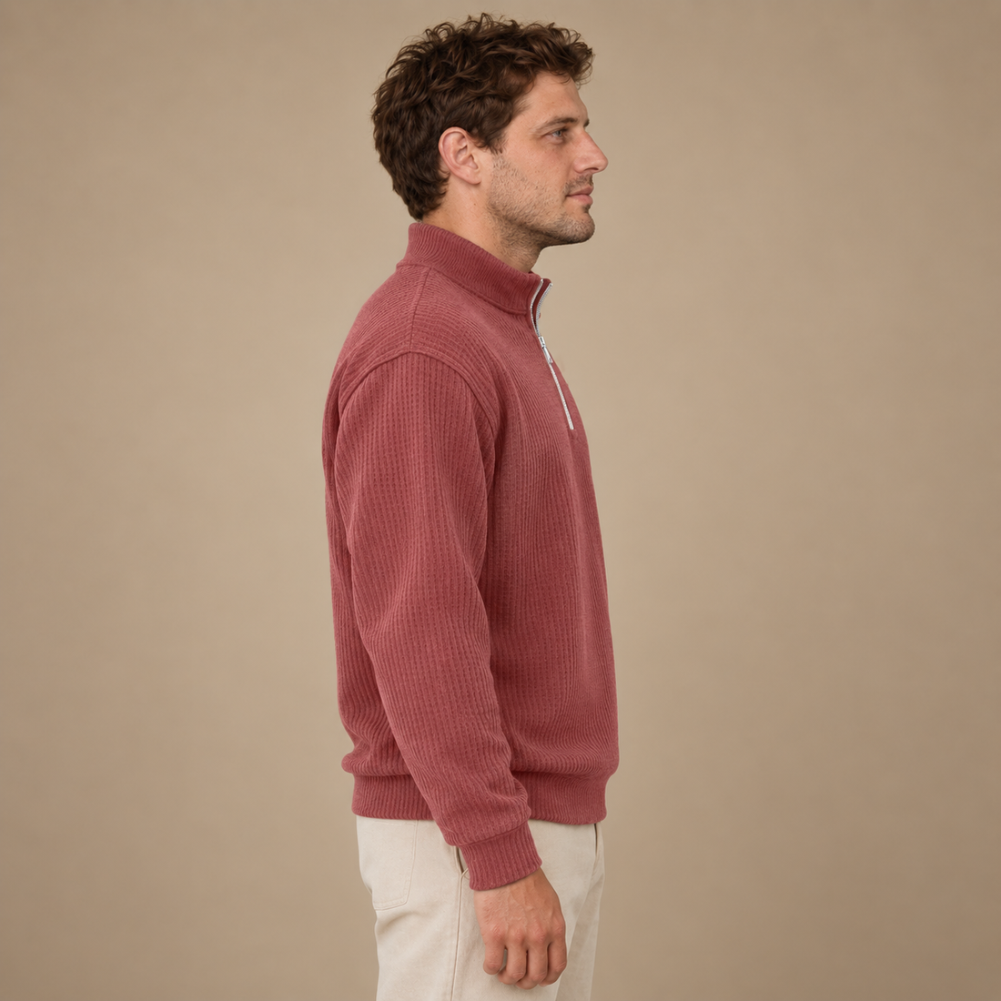 Herresweater med lynlåskrave og slank pasform