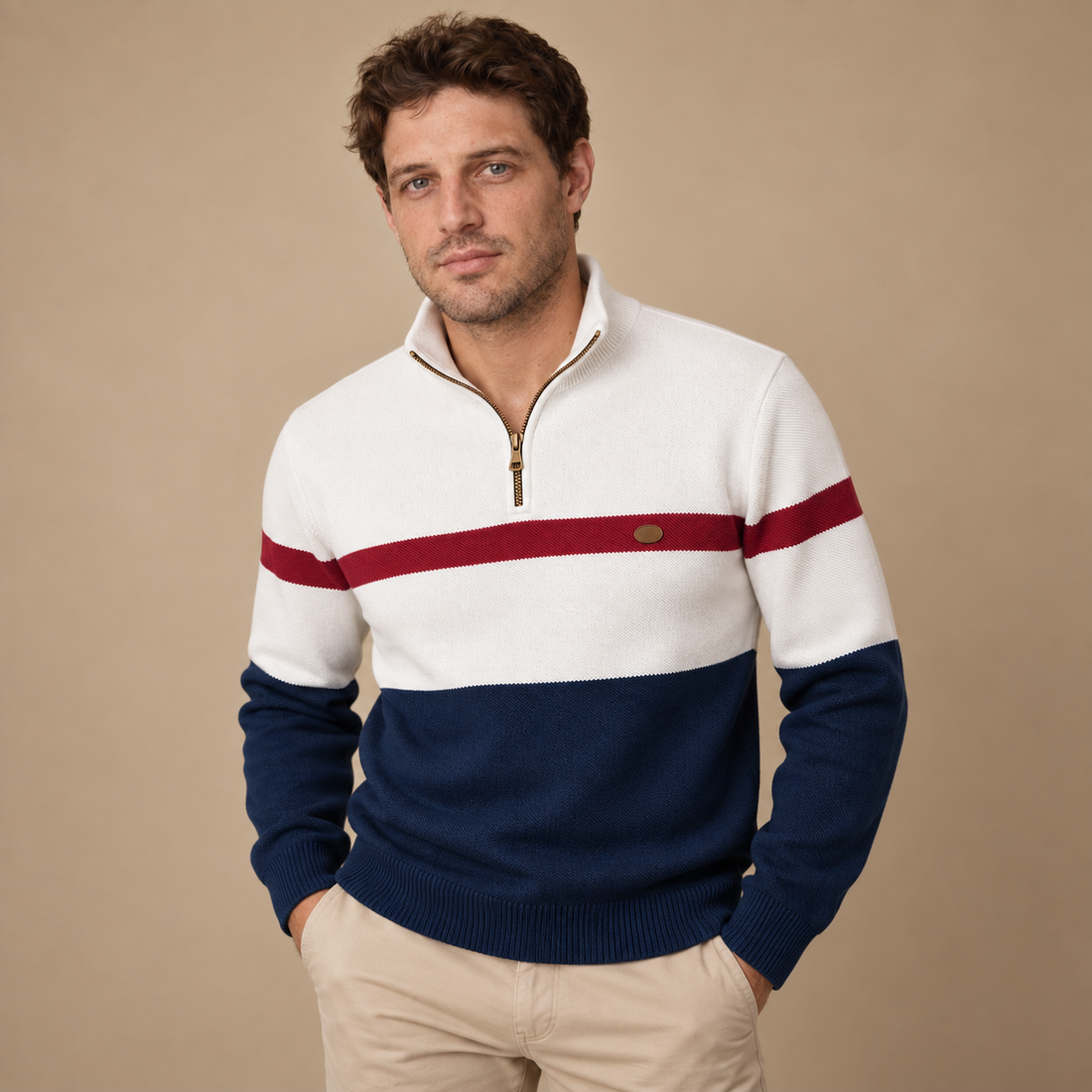 Tofarvet herresweater med halv lynlås