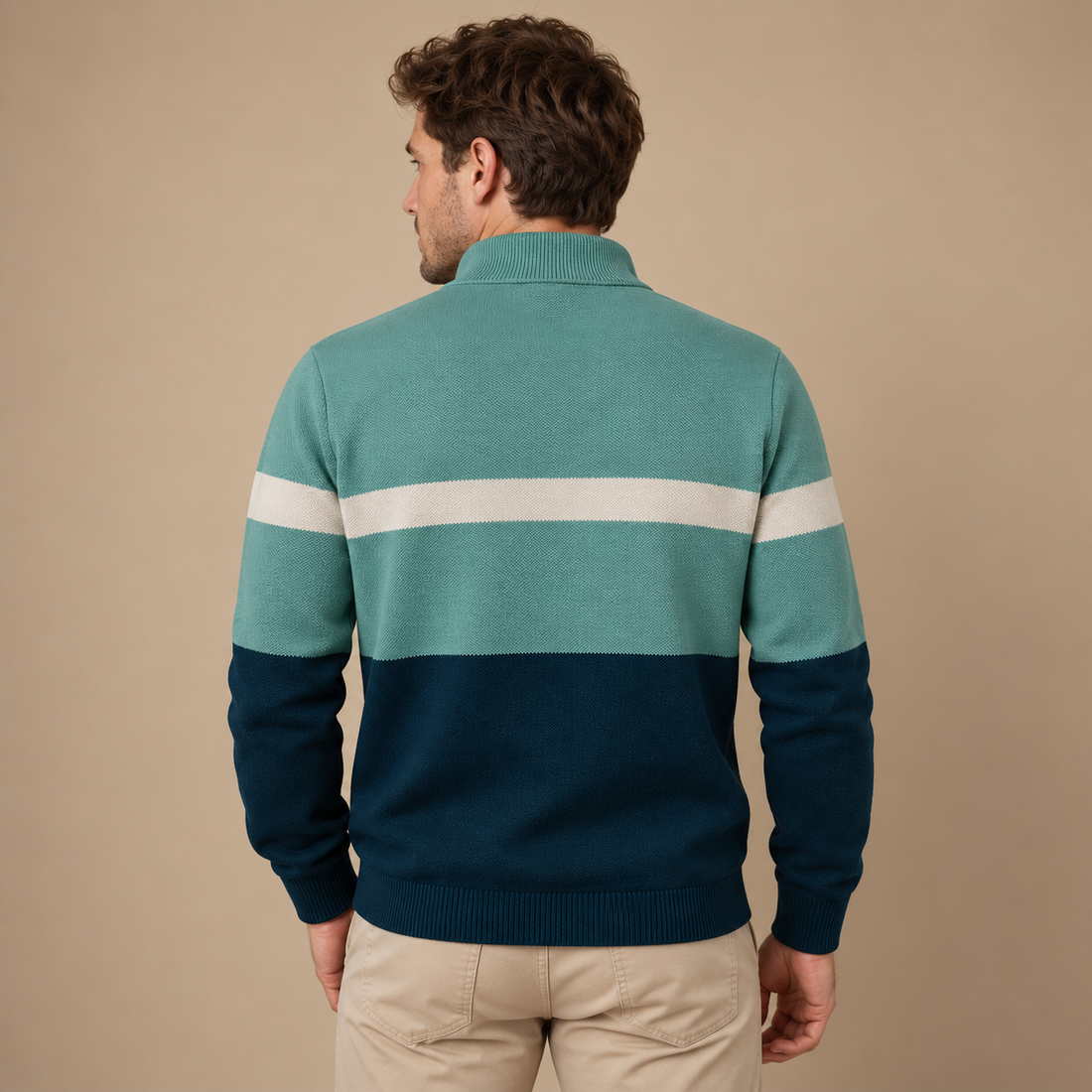 Tofarvet herresweater med halv lynlås