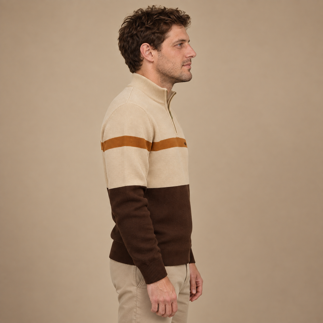 Tofarvet herresweater med halv lynlås