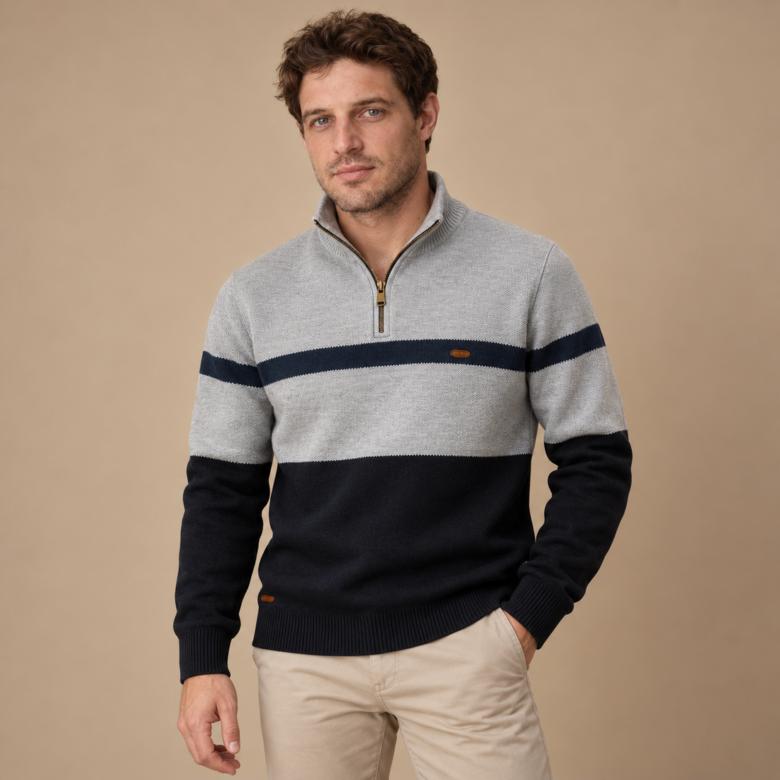 Tofarvet herresweater med halv lynlås