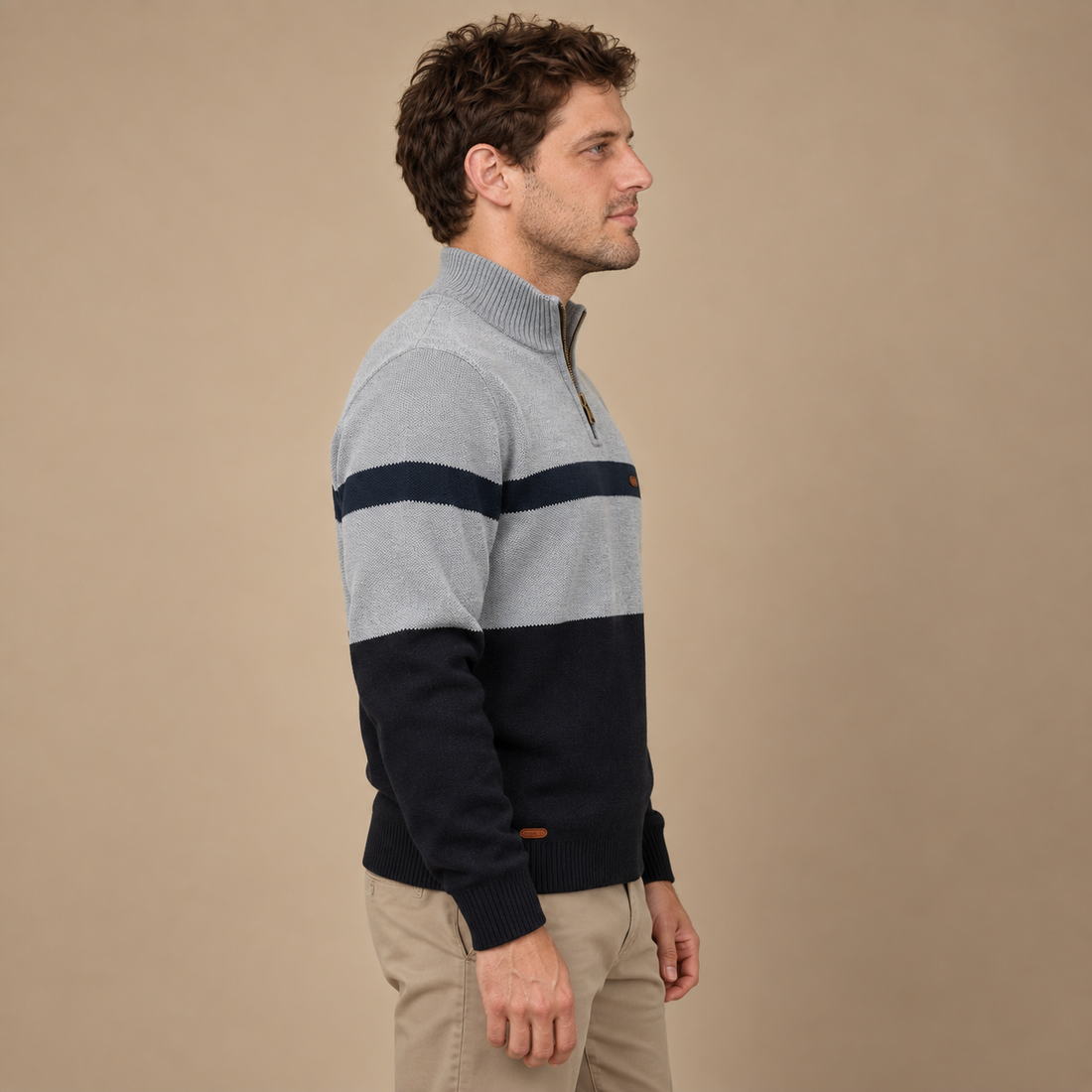 Tofarvet herresweater med halv lynlås