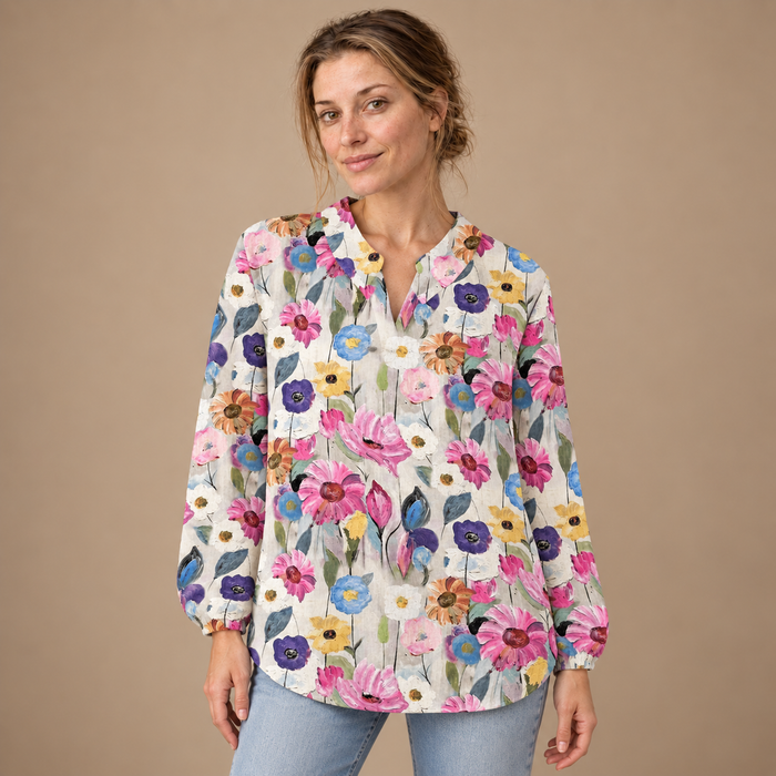 Bluse til dame med blomsterprint og løs pasform