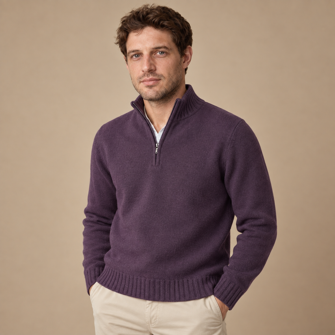 Herresweater med halv lynlås i slim fit