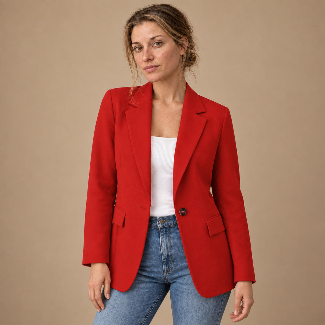Taljeret blazer til dame med revers og klaplommer