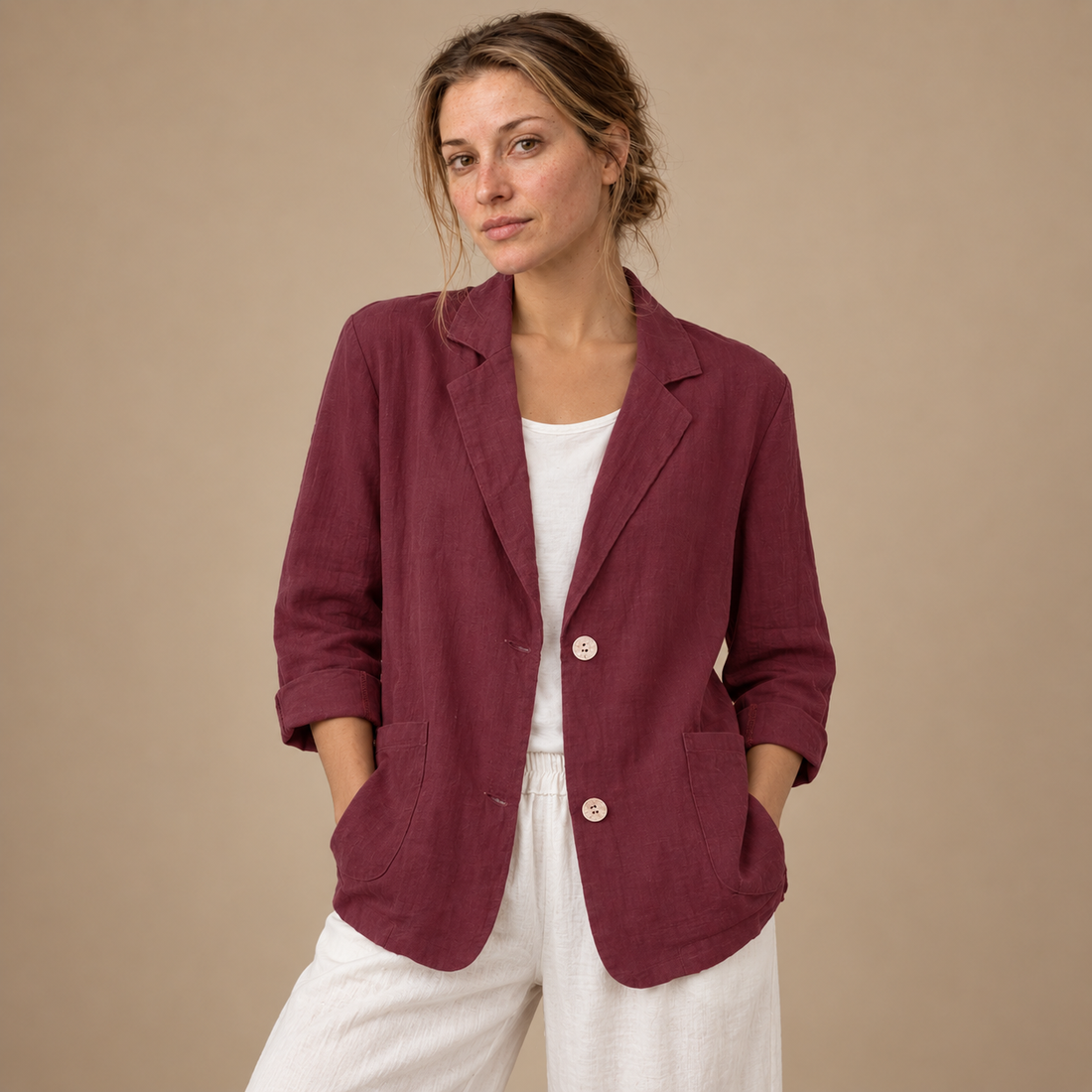Løstsiddende blazer til dame med opsmøgede ærmer