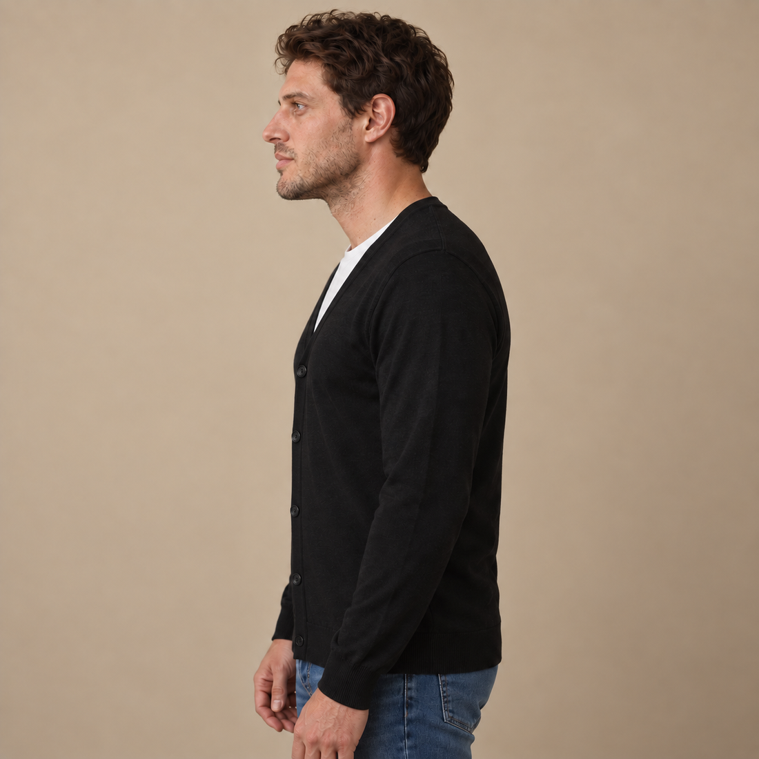 Finstrikket herrecardigan med V-hals og knapper