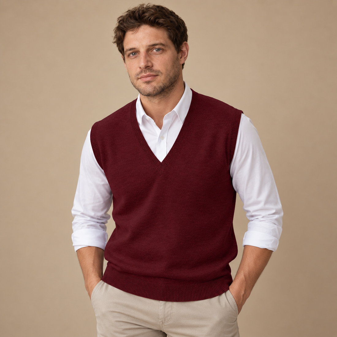 Finstrikket herresweater med V-hals