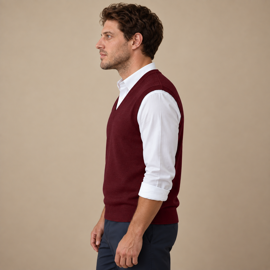 Finstrikket herresweater med V-hals