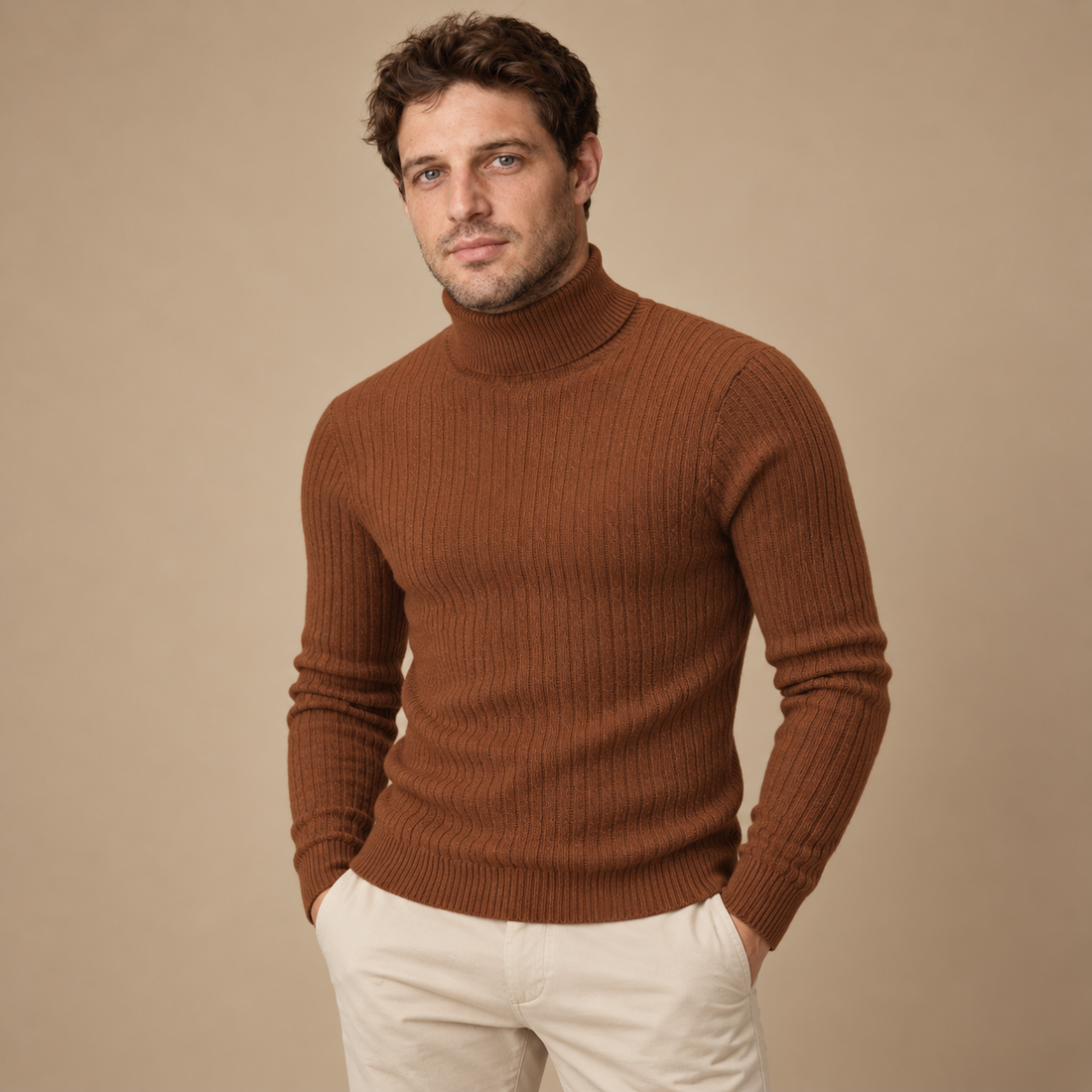 Rullekravesweater til herre i kabelstrik