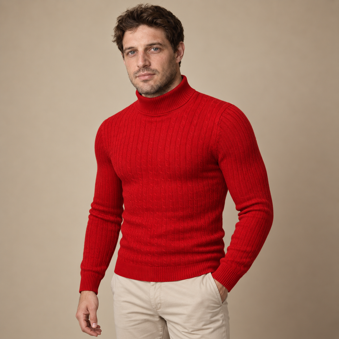 Rullekravesweater til herre i kabelstrik