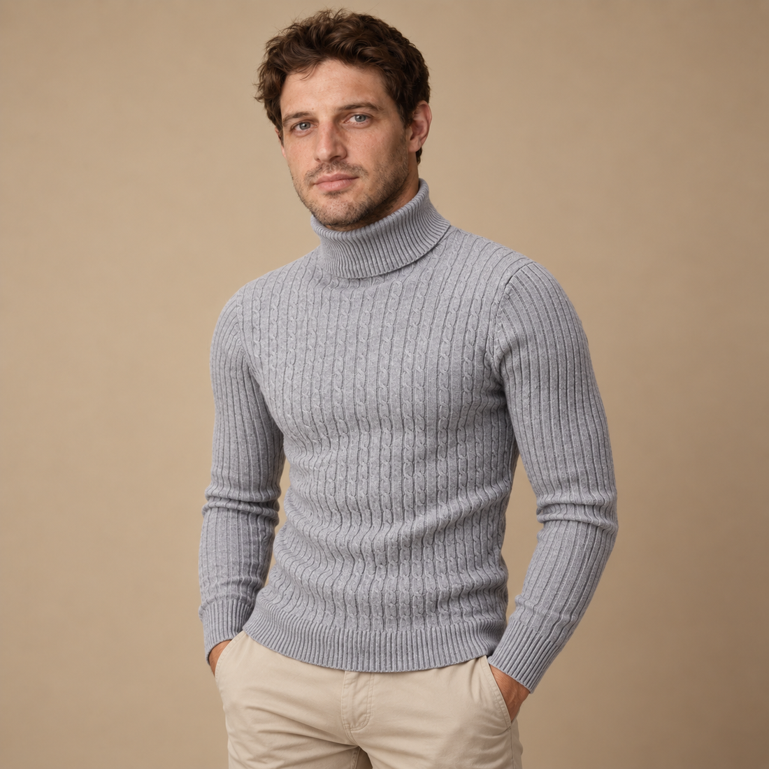 Rullekravesweater til herre i kabelstrik