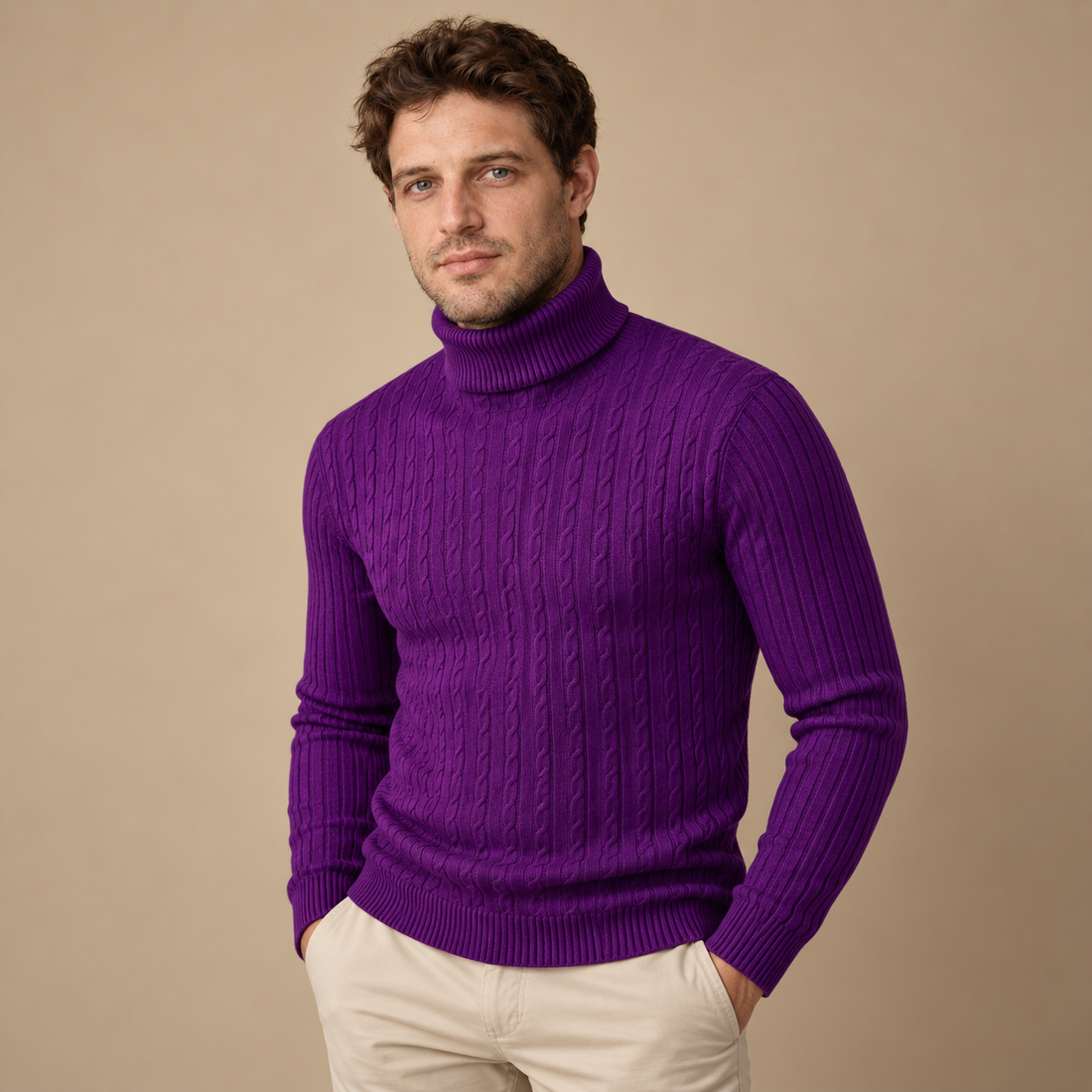Rullekravesweater til herre i kabelstrik