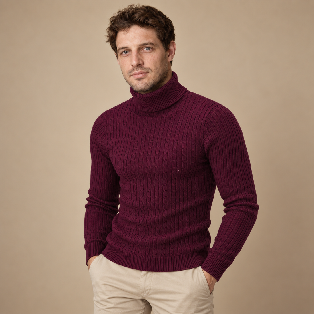 Rullekravesweater til herre i kabelstrik