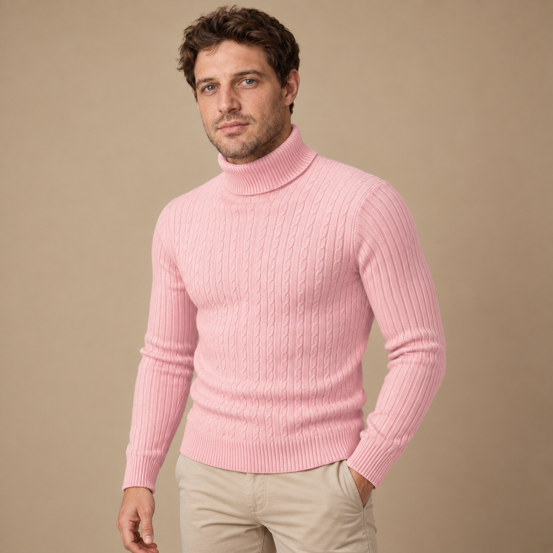 Rullekravesweater til herre i kabelstrik