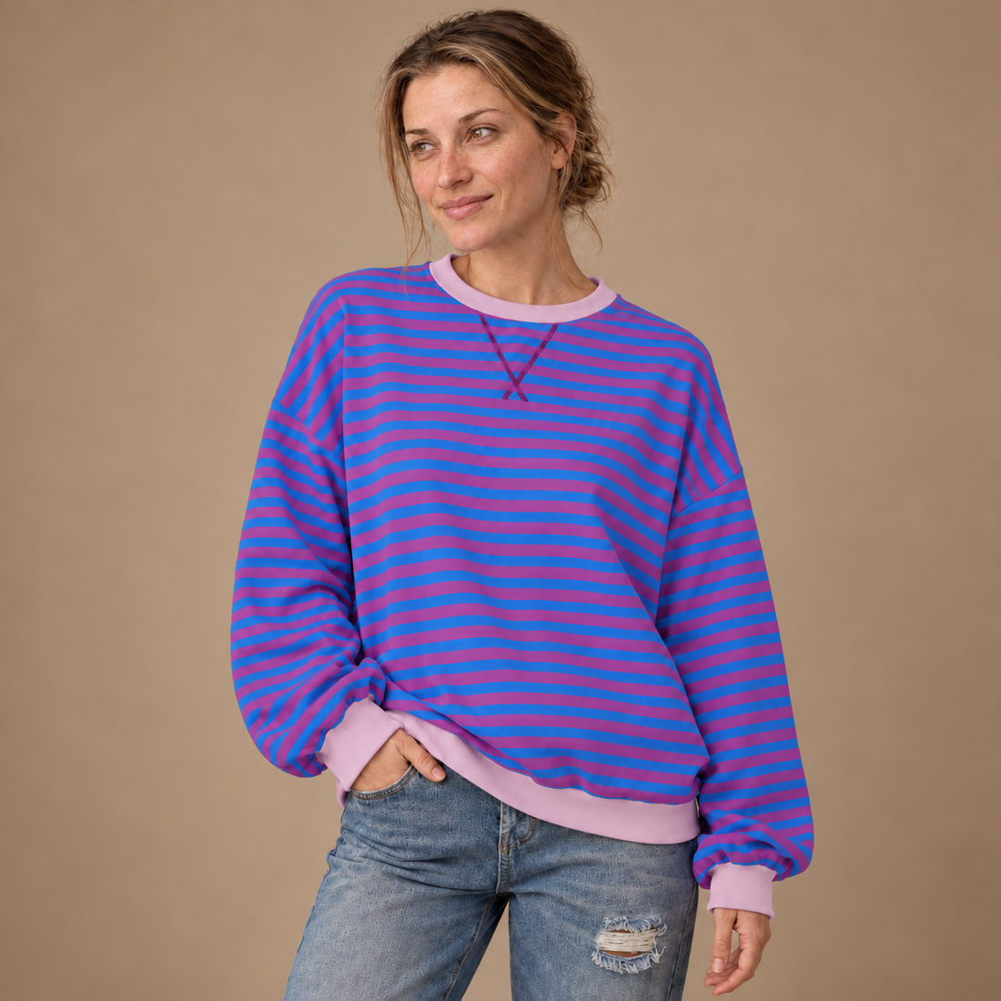 Oversized sweatshirt til dame med retrostriber