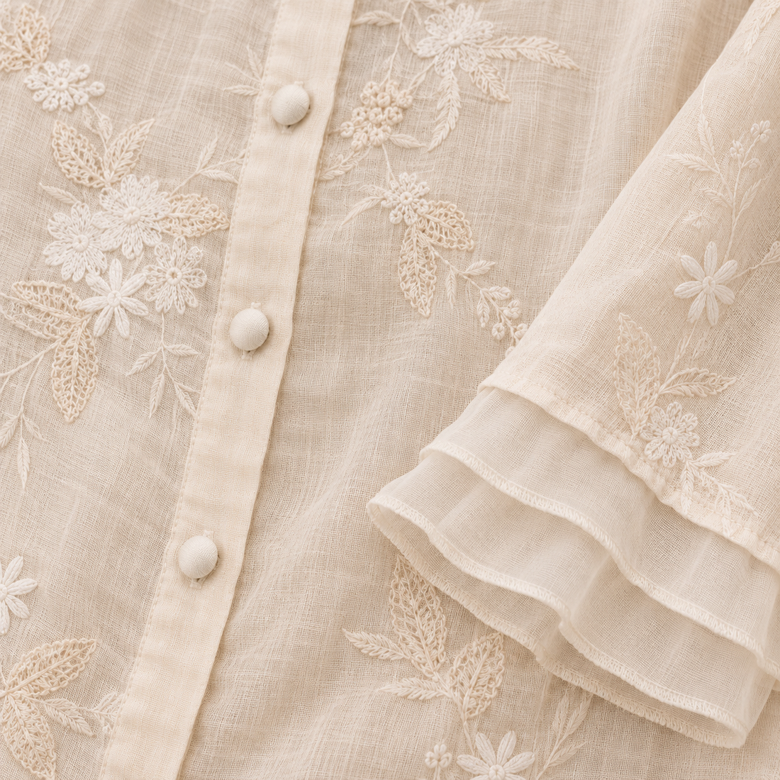 Bluse til dame med blomsterbroderi og trekvartærmer