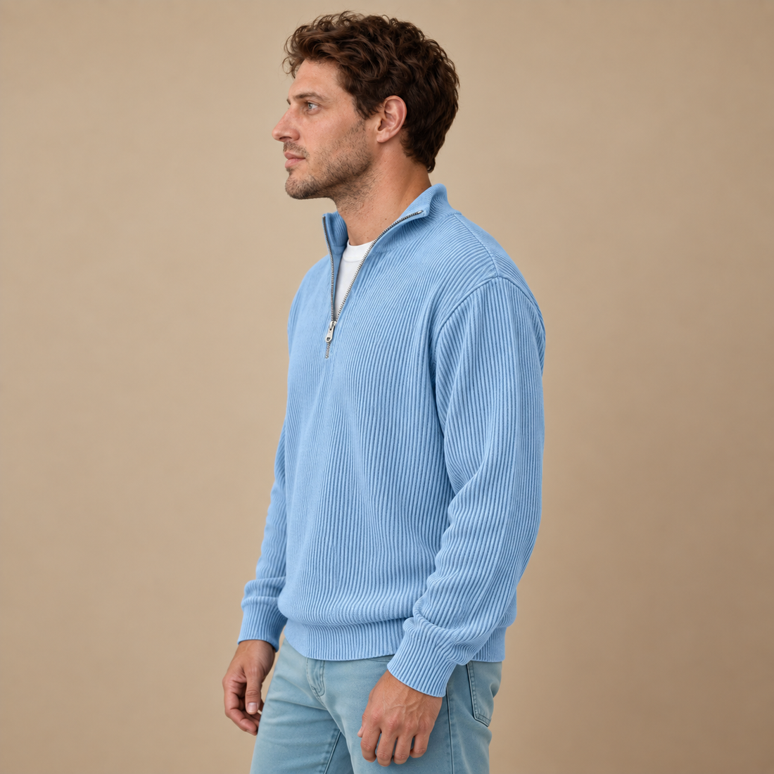 Strikket herresweater med halv lynlås